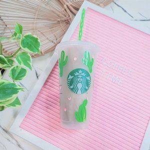 Cactus Love Reusable Starbucks 24 Oz Plastic Cold Cup - Green & Pink with Straw